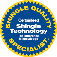a blue and yellow seal with the words, certified shingle technology.