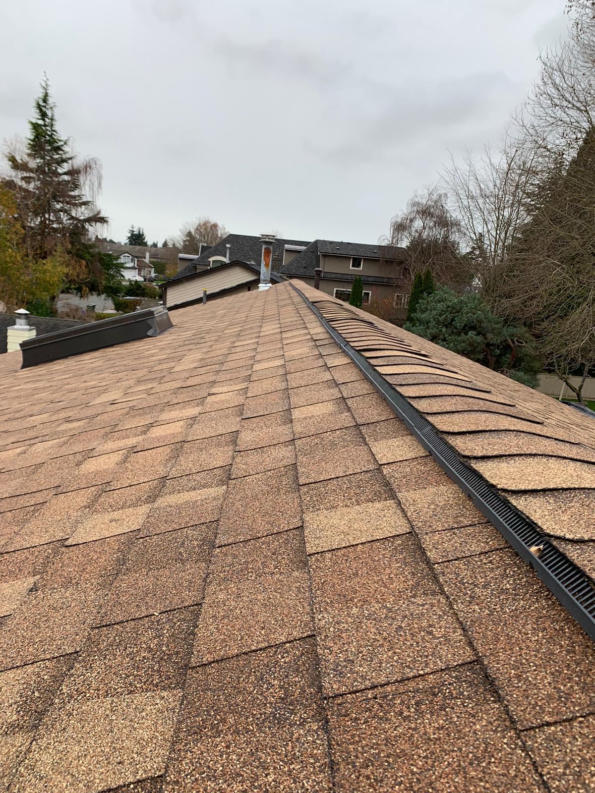 a brown roof with a black gutter vent on top of it.