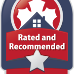 a red, white and blue badge with the words, rate and recommended, and.