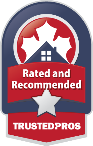 a red, white and blue badge with the words, rate and recommended, and.