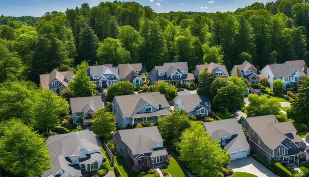 This stunning aerial view showcases a beautiful residential neighborhood, highlighting the well-maintained roofs of each house.