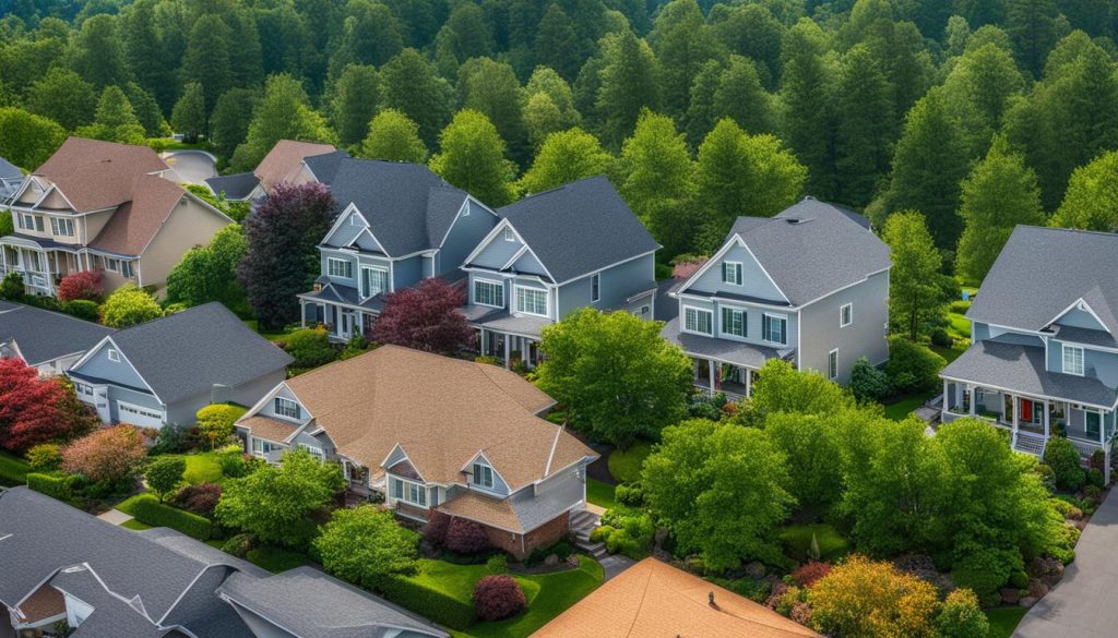 A panoramic aerial view of a residential neighborhood, showcasing the meticulous work of professional roofers in Vancouver from Paragon Roofing BC.