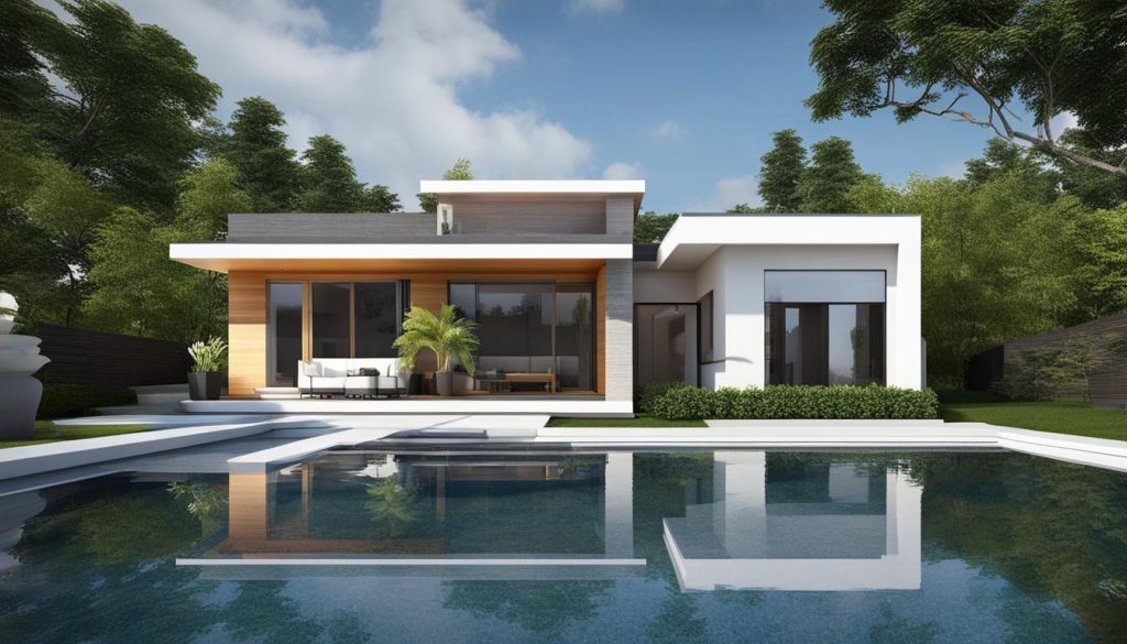 A 3d rendering of a modern house with a swimming pool, showcasing the expertise of Paragon Roofing BC.