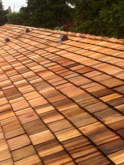 A wooden shingle roof.