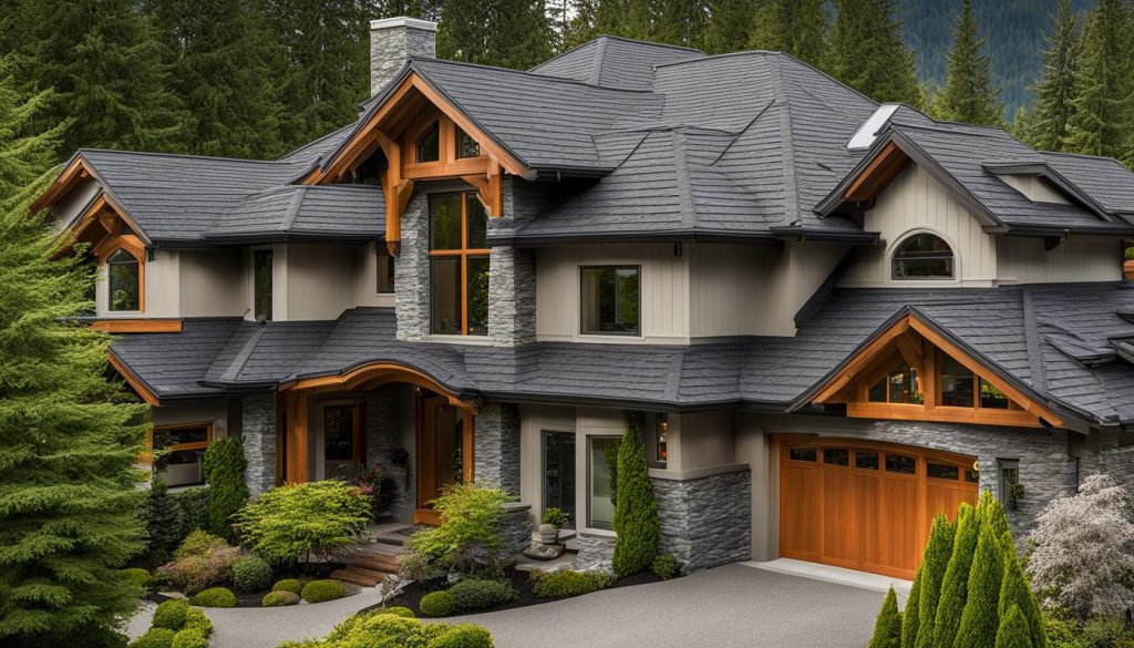 The exterior of a luxury home nestled in the woods, proudly showcasing the exquisite craftsmanship by Vancouver roofers.