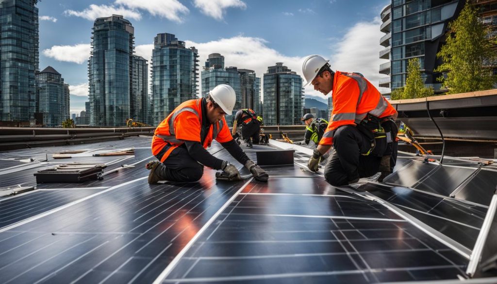 Two Vancouver roofers working on solar panels on a roof.