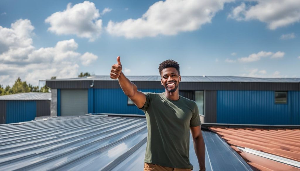 A black man standing on top of a metal roof giving thumbs up as he oversees the Vancouver roofing work being done by Paragon Roofing BC.