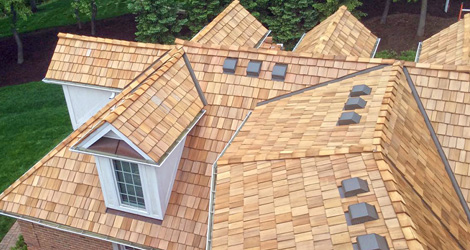 An aerial view of a shingled roof in Vancouver.