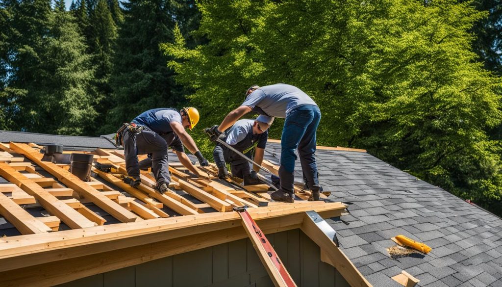 A group of men performing roofing repairs in Vancouver.