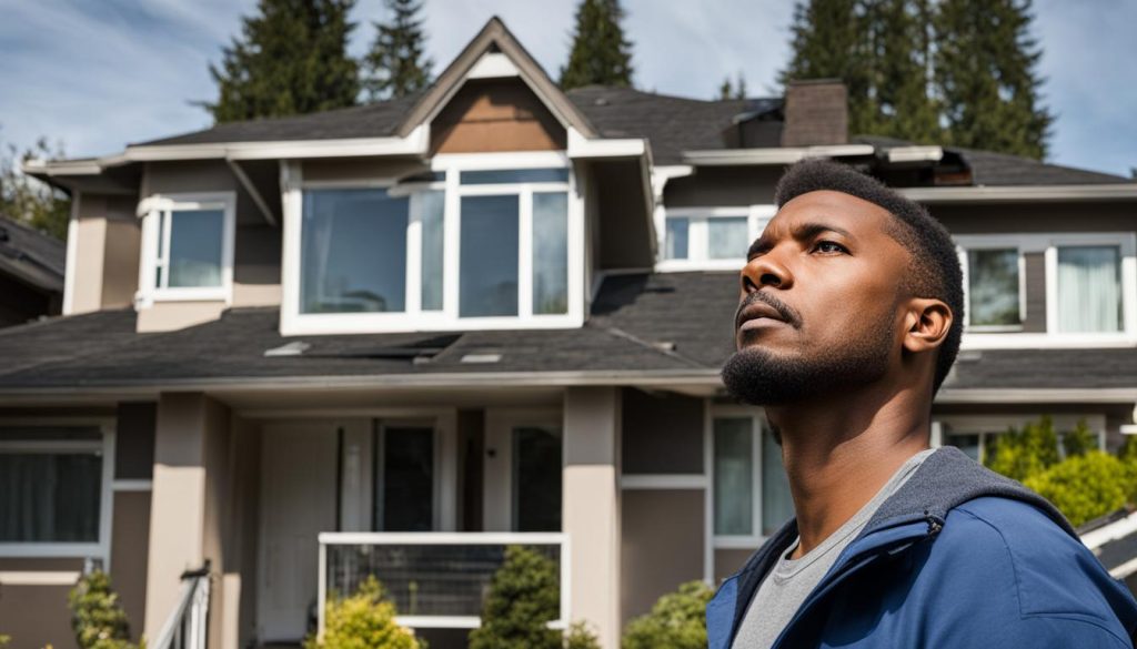 A black man looking up at a house, possibly in need of roof repairs, in Vancouver while considering hiring professional Vancouver roofers such as Paragon Roofing BC.