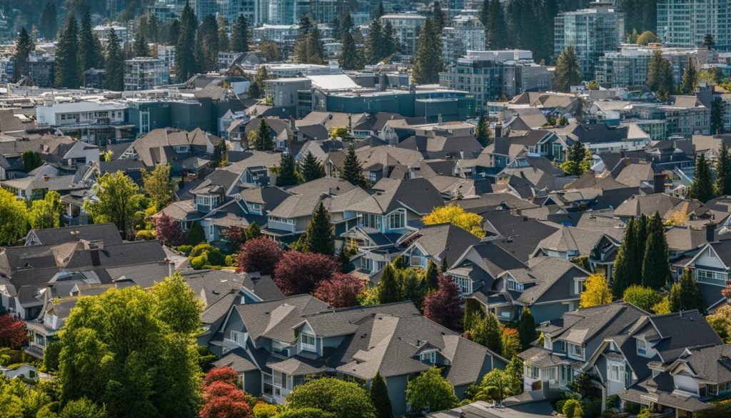 An aerial view of a residential neighborhood in Vancouver, British Columbia showcasing the beautiful architecture and vibrant community of this city.