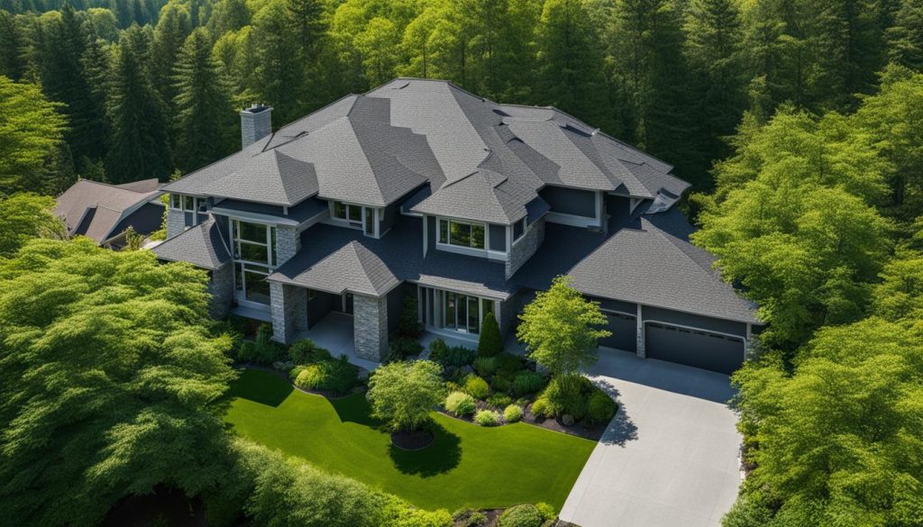 A beautiful home nestled among lush greenery, surrounded by towering trees.