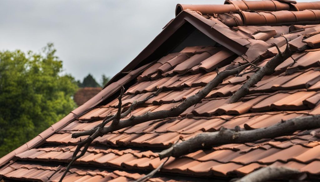 Clay tile roof damaged by a fallen branch