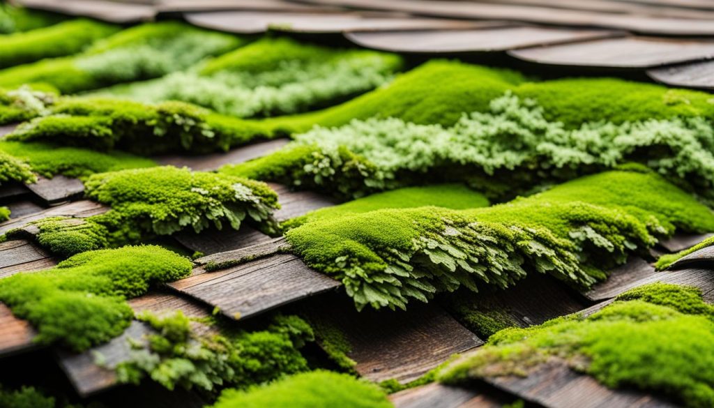 Moss and algae on cedar shingle roof