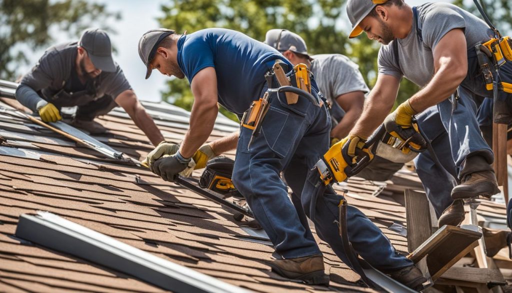 Professional roofer team working on a roof