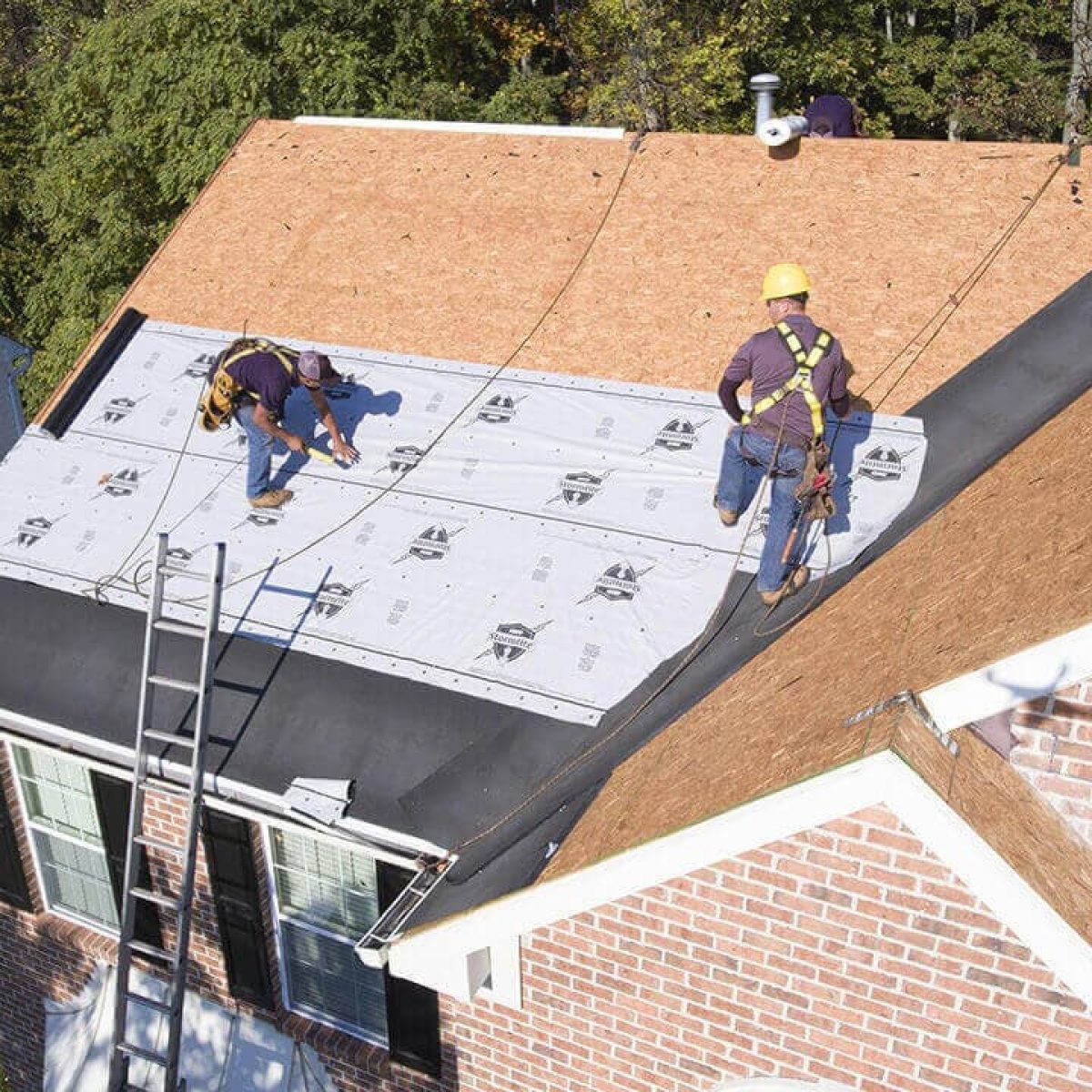Two men performing a roof replacement on a house.